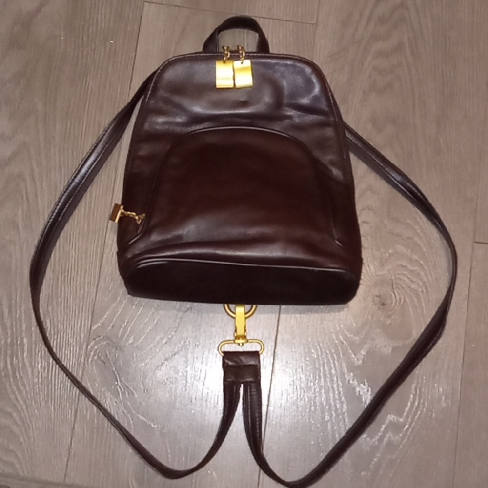 Hillard & Hanson -Leather Dark Brown & Gold Backpack Purse/Bag-